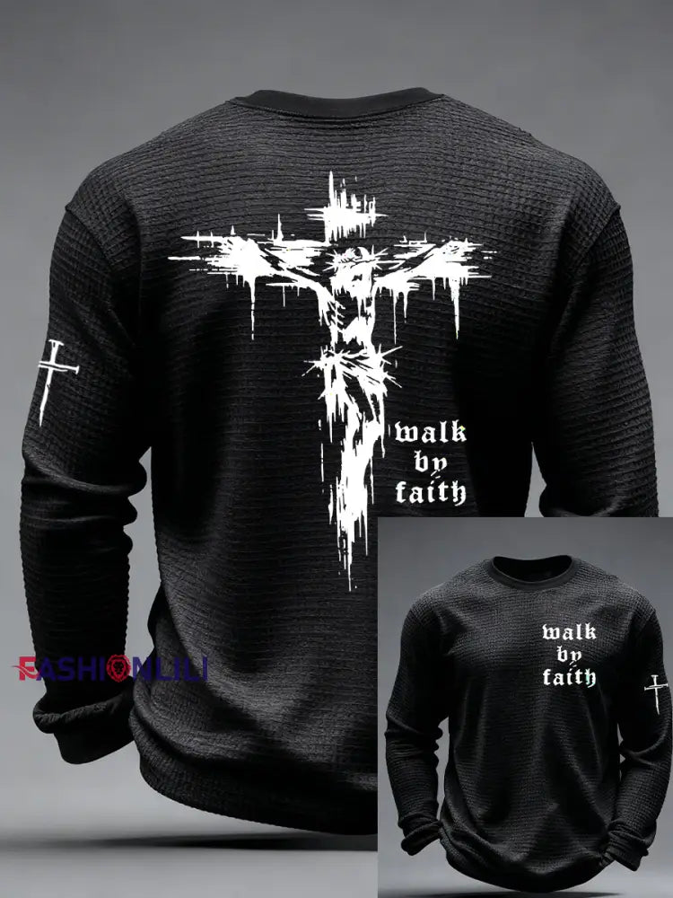 Men’s Christian Walk By Faith Cross Print Waffle Long Sleeve T-Shirt Black / S