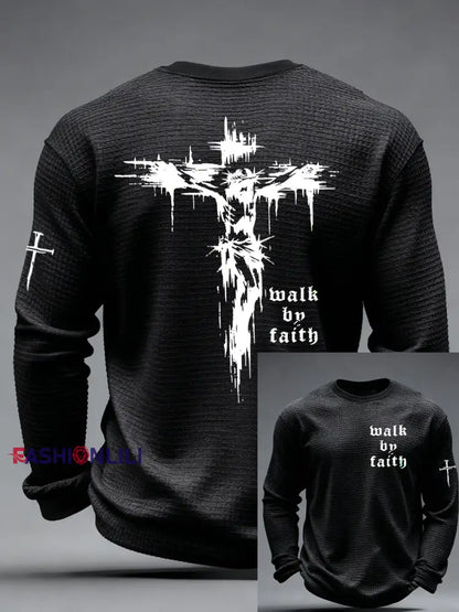 Men’s Christian Walk By Faith Cross Print Waffle Long Sleeve T-Shirt Black / S