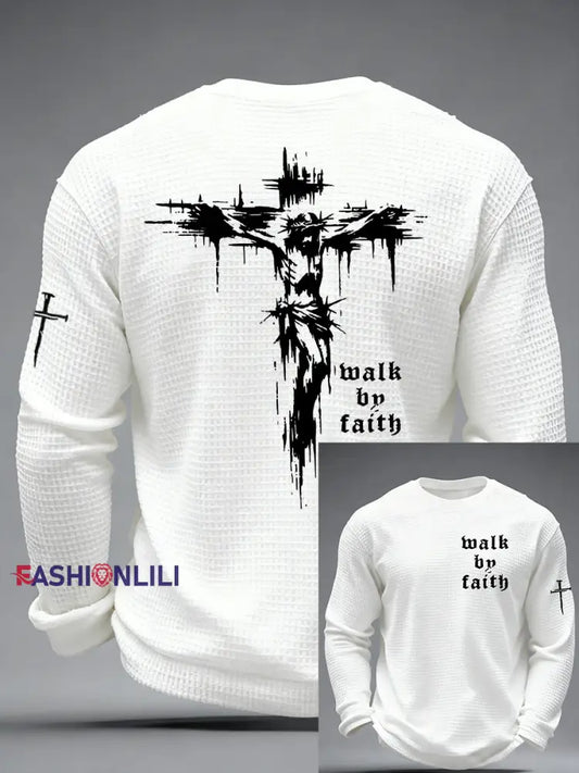 Men’s Christian Walk By Faith Cross Print Waffle Long Sleeve T-Shirt White / S