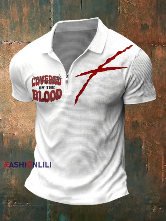 Men’s Covered By The Blood Print zip up short sleeve White / S