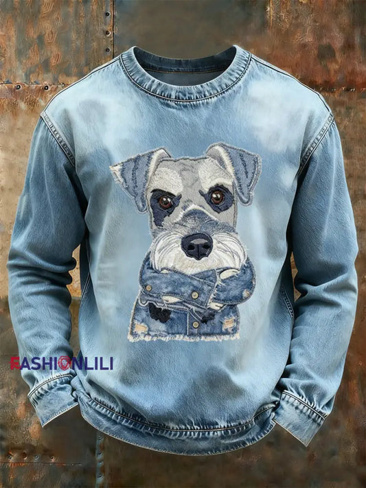 Men’s Denim Animal Printed Long Sleeved Round Neck Sweatshirts Light Blue / S