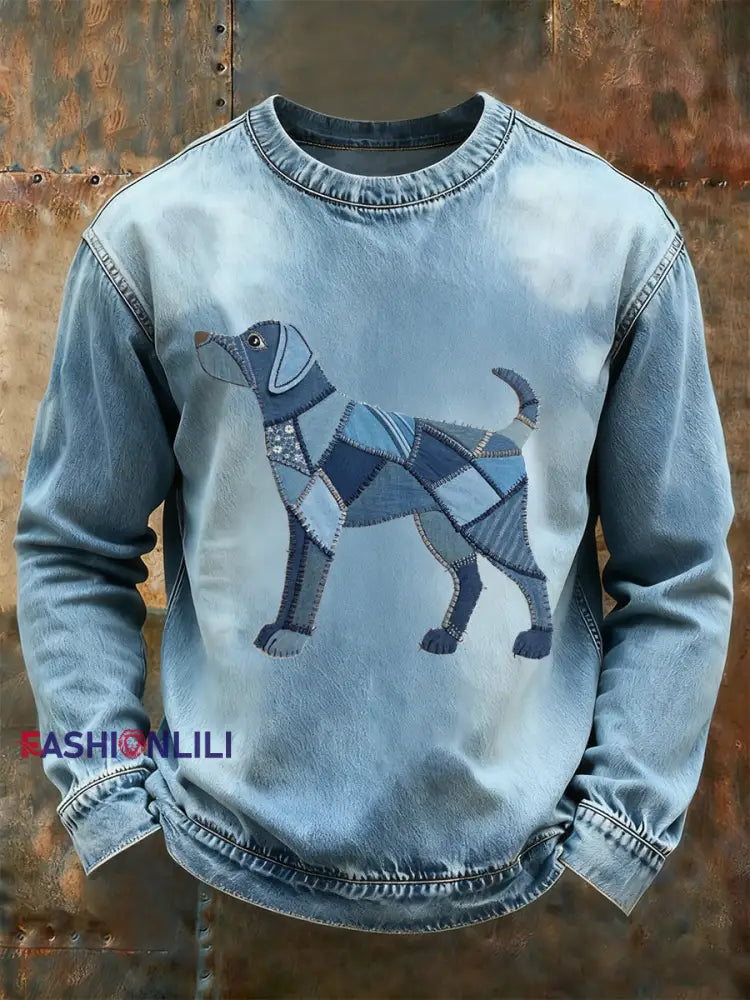 Men’s Denim Animal Printed Long Sleeved Round Neck Sweatshirts Light Blue / S