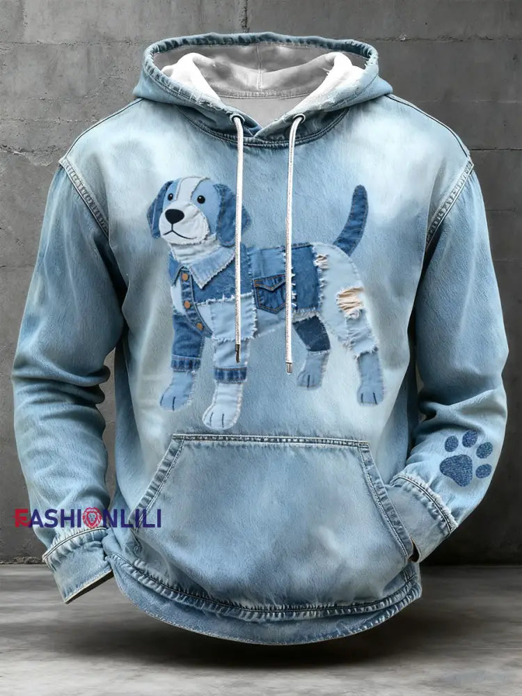 Men’s Denim Patchwork Art Beagle Dog Pattern Hoodie Blue / S