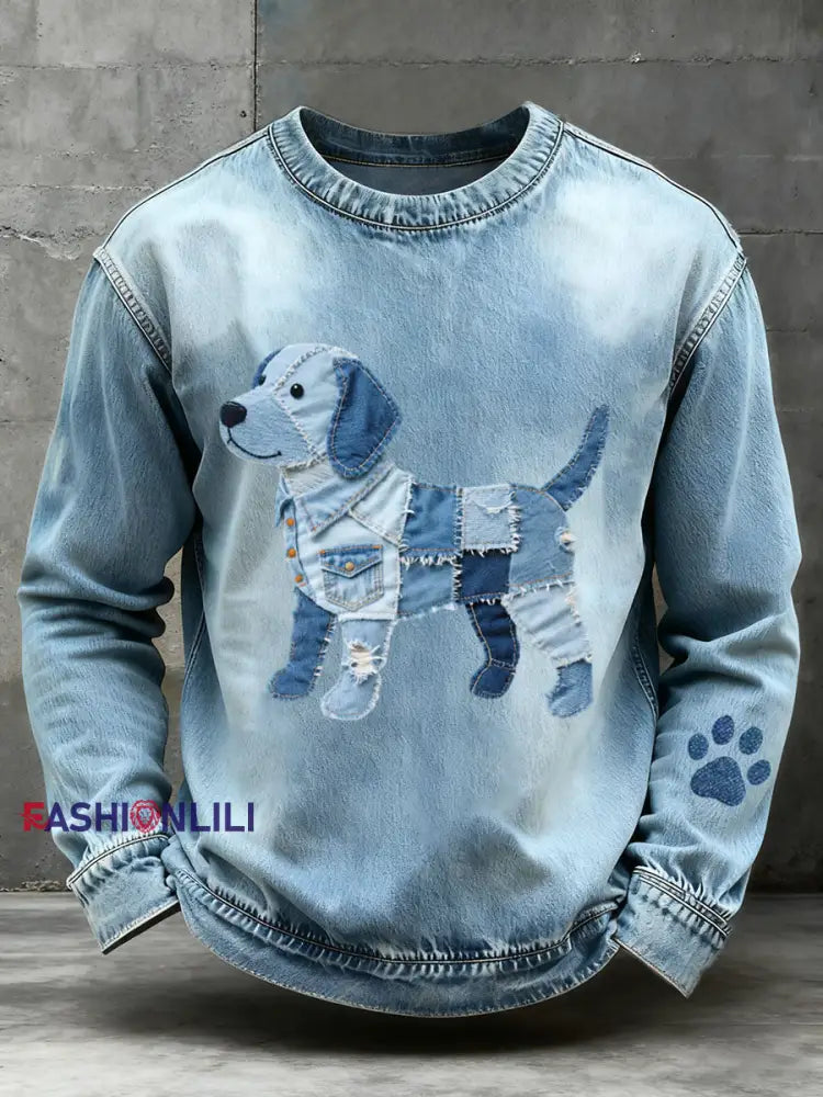 Men’s Denim Patchwork Art Beagle Dog Pattern Sweatshirt Blue / S