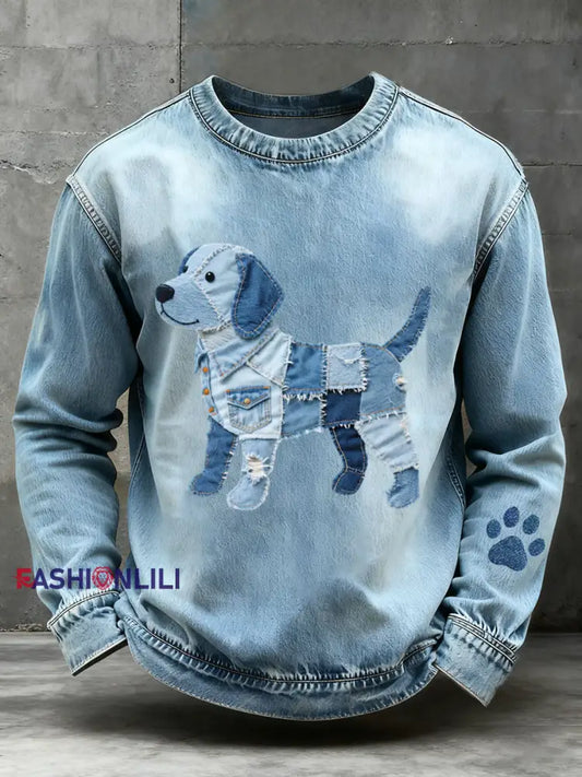 Men’s Denim Patchwork Art Beagle Dog Pattern Sweatshirt Blue / S