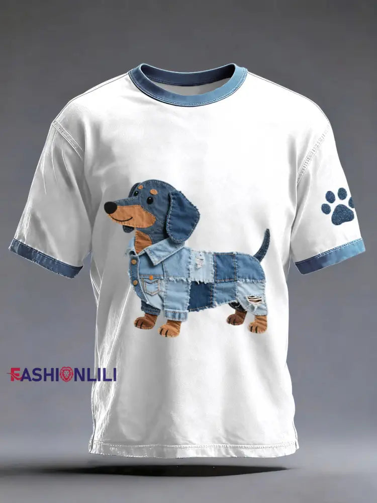 Men’s Denim Patchwork Art Dachshund Dog Pattern Washed T-Shirt White / S