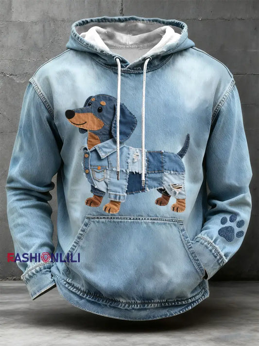 Men’s Denim Patchwork Art Dachshund Pattern Hoodie Blue / S