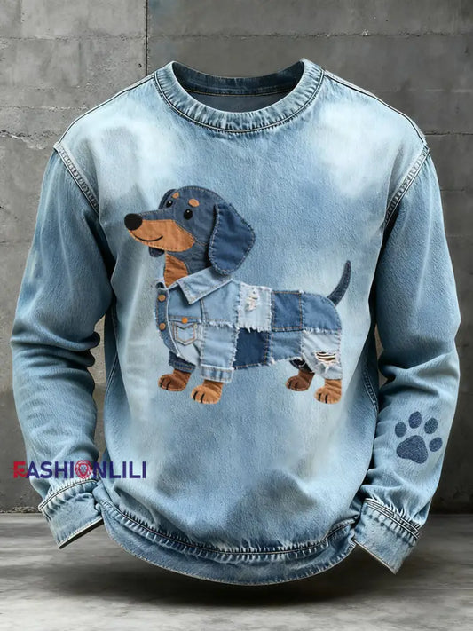 Men’s Denim Patchwork Art Dachshund Pattern Sweatshirt Blue / S