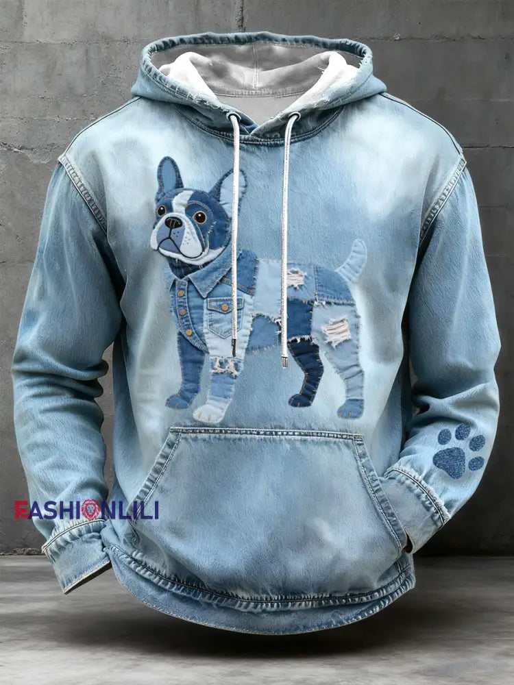 Men’s Denim Patchwork Art French Bulldog Pattern Hoodie Blue / S