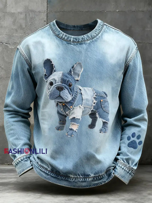 Men’s Denim Patchwork Art French Bulldog Pattern Sweatshirt Blue / S