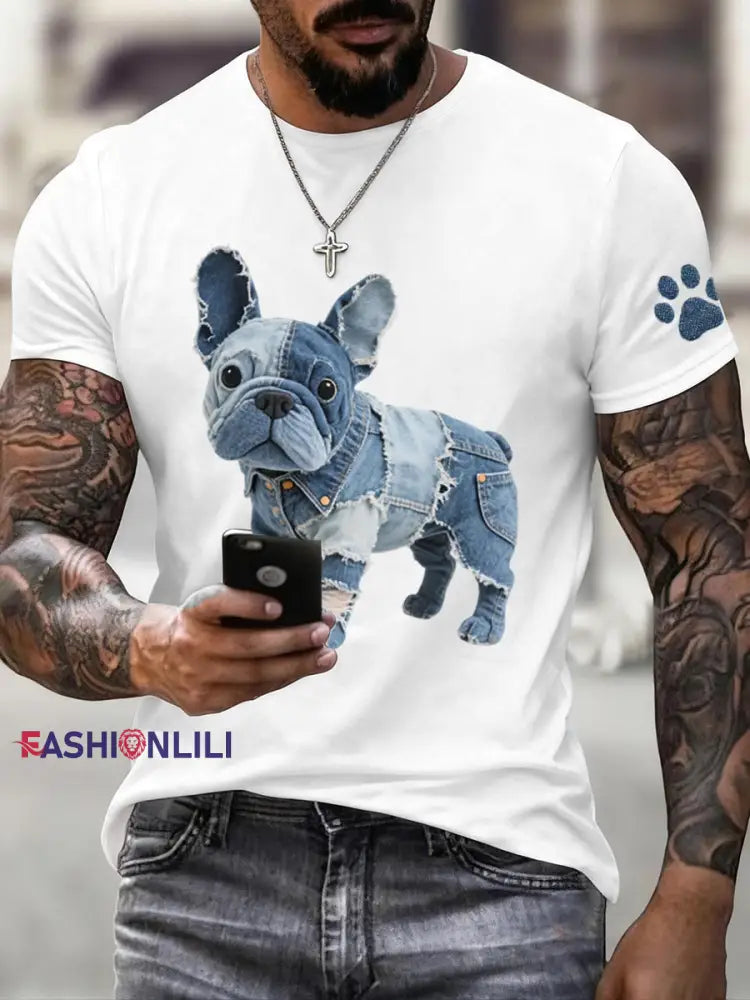 Men’s Denim Patchwork Art French Bulldog Pattern T-Shirt White / S