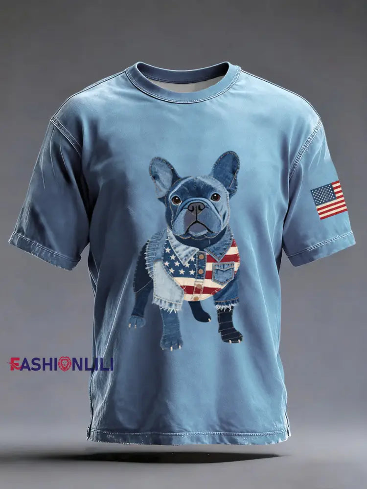 Men’s Denim Patchwork Art French Bulldog Pattern Washed T-Shirt Blue / S