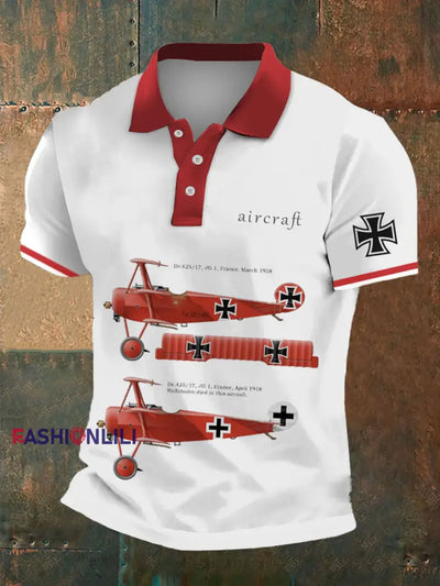 Men’s England Aircraft Print Polo Neck Plunger Short Sleeve T-Shirt White / S