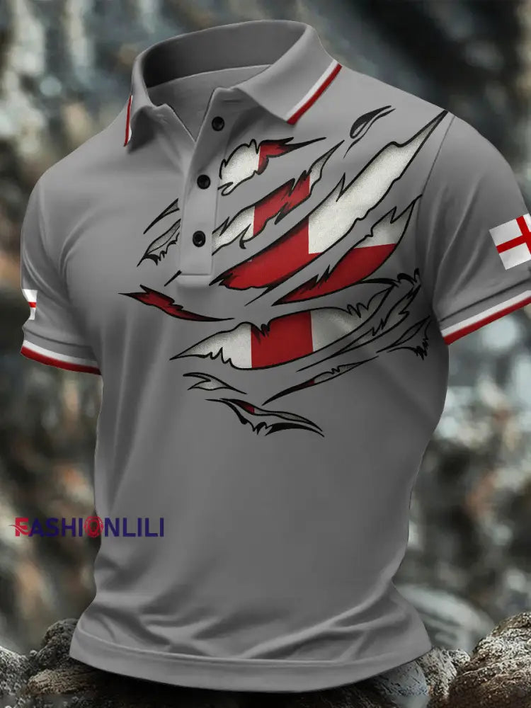Men’s England Flag Art Printed Casual Tops Light Gray / S