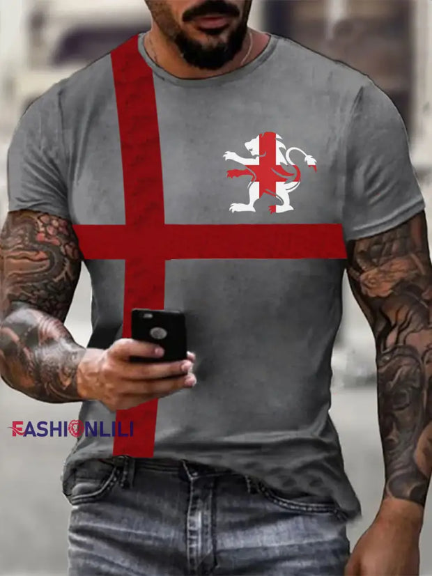 Men’s England Flag Printed Casual T-Shirt Light Gray / S