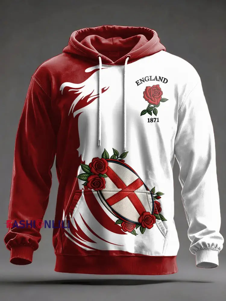 Men’s England Rugby Lover Printed Oversized Drop-Shoulder Hoodie with Pockets As picture / S