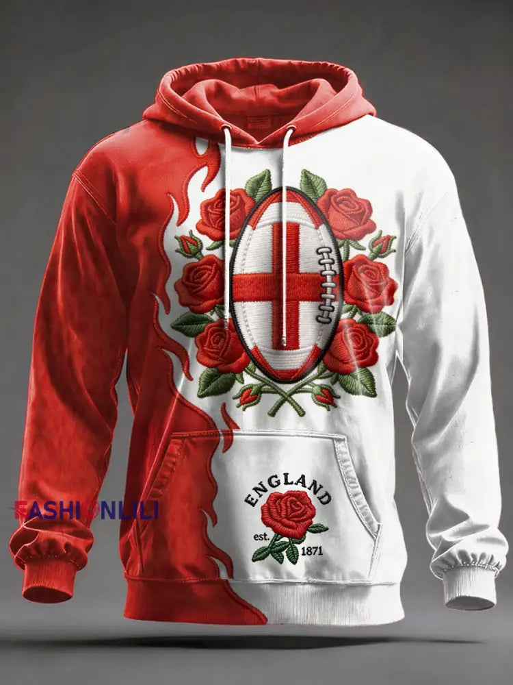 Men’s England Rugby Lover Printed Oversized Drop-Shoulder Hoodie with Pockets As picture / S
