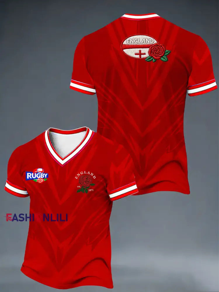 Men’s England Rugby Lover Printed V-neck T-shirt Red / S