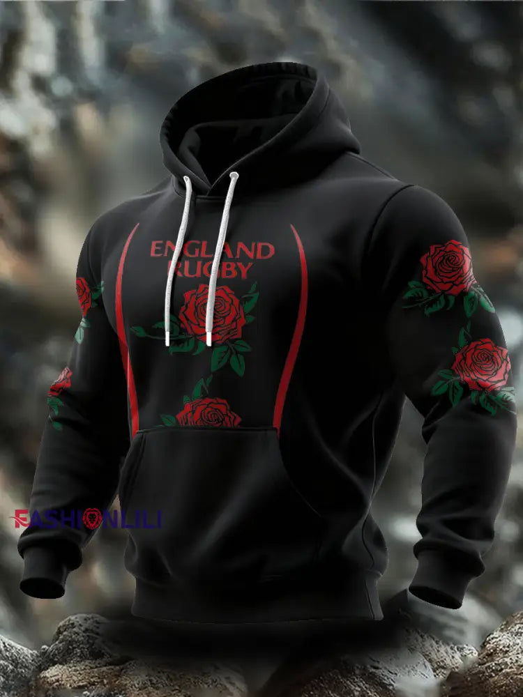 Men’s England Rugby Roses Lover Printed Hoodie Black / S