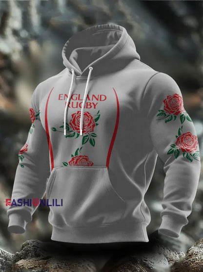 Men’s England Rugby Roses Lover Printed Hoodie Light Gray / S