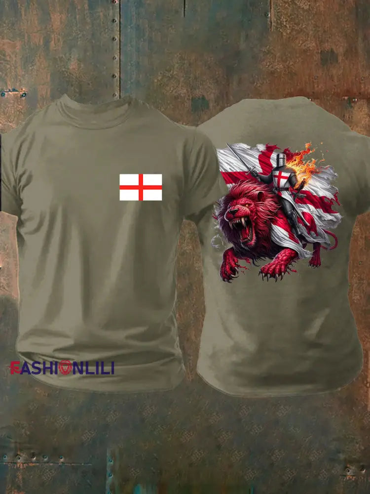 Men’s English Crusaders Printed imitation cotton short sleeved T shirt Army Green / S