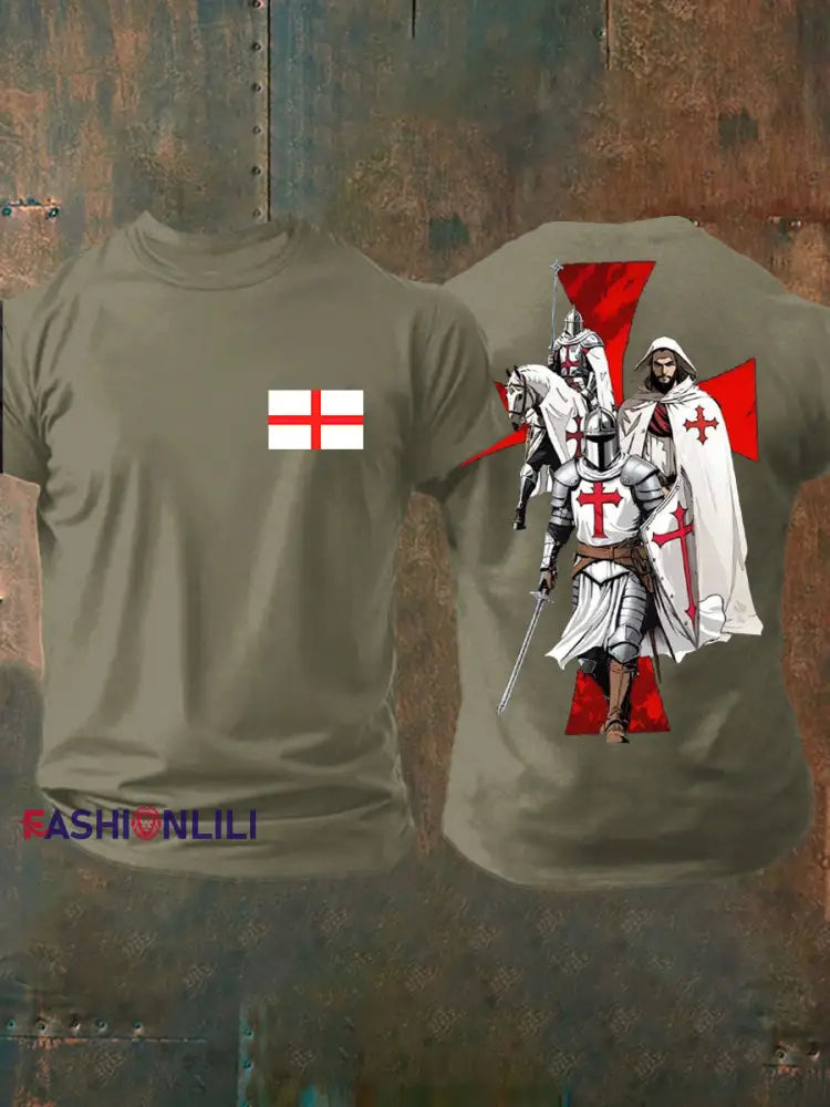 Men’s English Crusaders Printed imitation cotton short sleeved T shirt Army Green / S