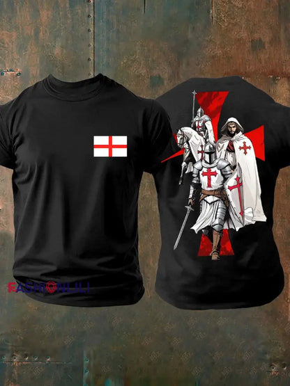 Men’s English Crusaders Printed imitation cotton short sleeved T shirt Black / S