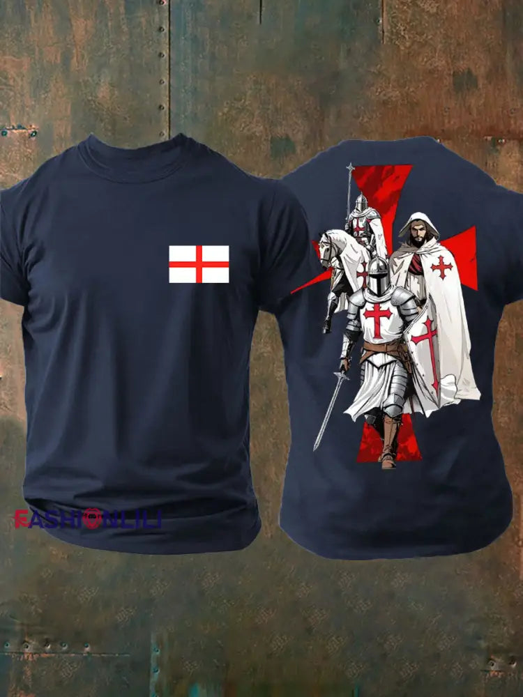 Men’s English Crusaders Printed imitation cotton short sleeved T shirt Navy Blue / S
