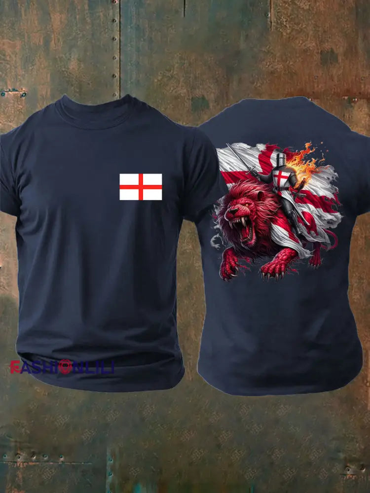 Men’s English Crusaders Printed imitation cotton short sleeved T shirt Navy Blue / S