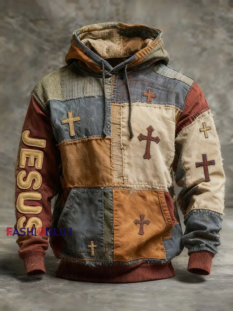 Men’s Faith Cross Oversized Drop-Shoulder Hoodie with Pockets As picture / S