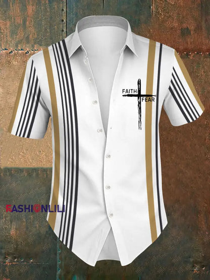 Men’s Faith Over Fear Stripes Print Shirt Khaki / S