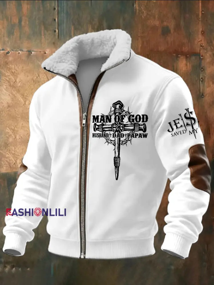 Men’s Faith Printed Long Sleeved Stand Up Collar Lambhair Zipper Top White / S