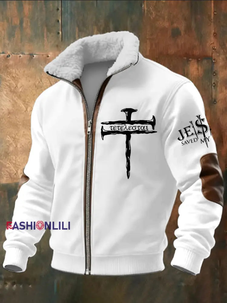 Men’s Faith Printed Long Sleeved Stand Up Collar Lambhair Zipper Top White / S