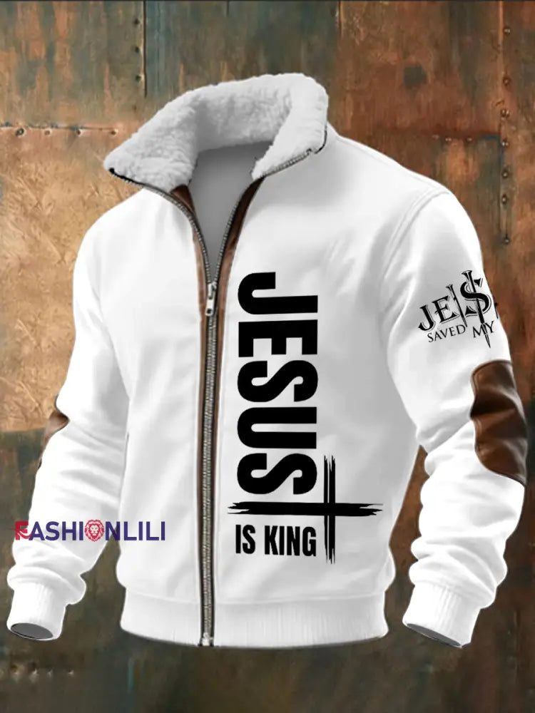 Men’s Faith Printed Long Sleeved Stand Up Collar Lambhair Zipper Top White / S