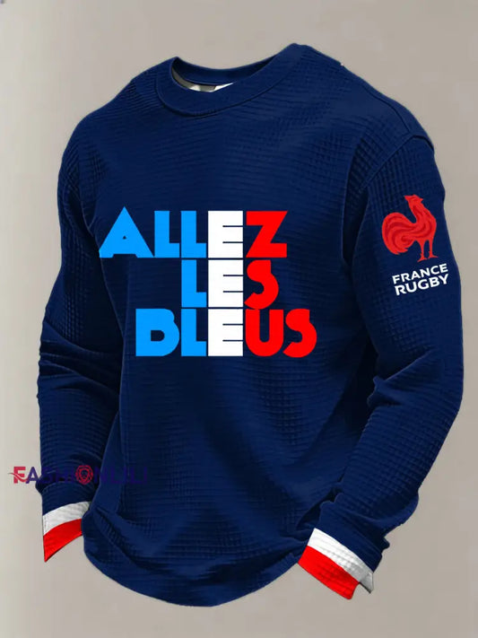 Men’s France Rugby Waffle Long Sleeve T-Shirt Navy Blue / S