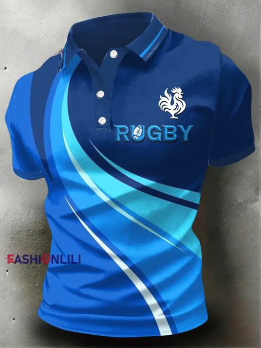 Men’s French Rugby Print Blue Polo Shirt Blue / S