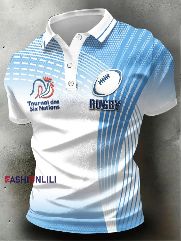 Men’s French Rugby Six Nations Print Business-Style Sports Polo Shirt Blue / S