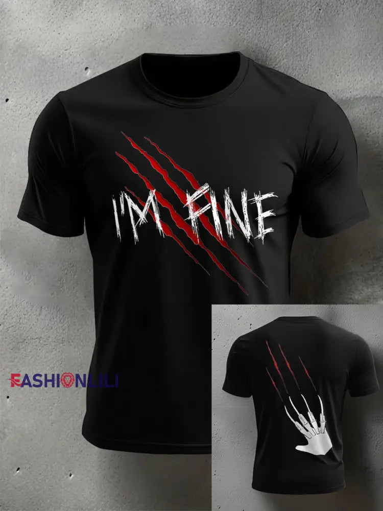 Men’s Funny Halloween I’m Fine Scratch Print Casual Tee Black / S