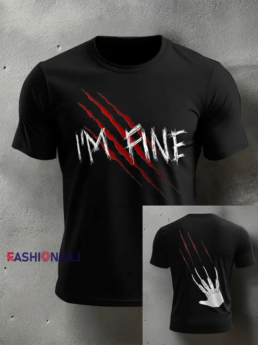 Men’s Funny Halloween I’m Fine Scratch Print Casual Tee Black / S