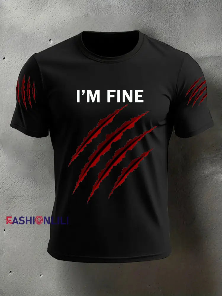 Men’s Funny Halloween I’m Fine Scratch Print Casual Tee Black / S