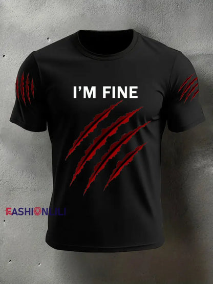Men’s Funny Halloween I’m Fine Scratch Print Casual Tee Black / S