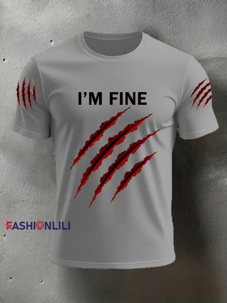 Men’s Funny Halloween I’m Fine Scratch Print Casual Tee Light Gray / S