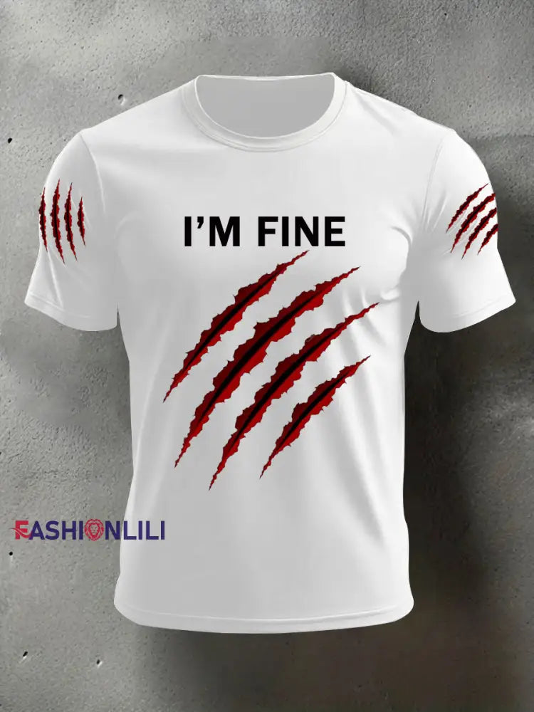Men’s Funny Halloween I’m Fine Scratch Print Casual Tee White / S