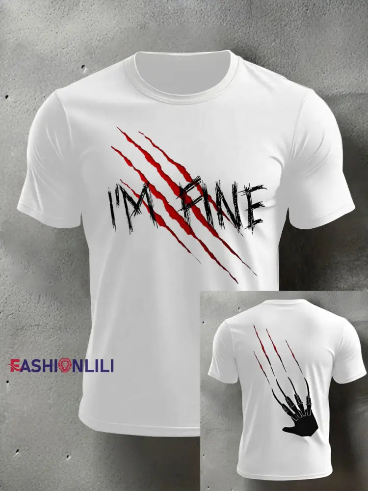 Men’s Funny Halloween I’m Fine Scratch Print Casual Tee White / S