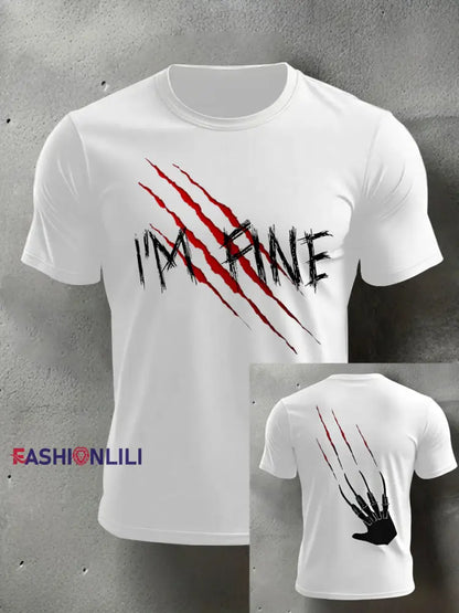 Men’s Funny Halloween I’m Fine Scratch Print Casual Tee White / S