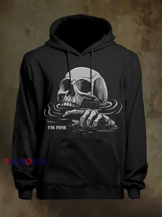 Men’s Funny I’m Fine Skull Print Casual Hoodie Black / S