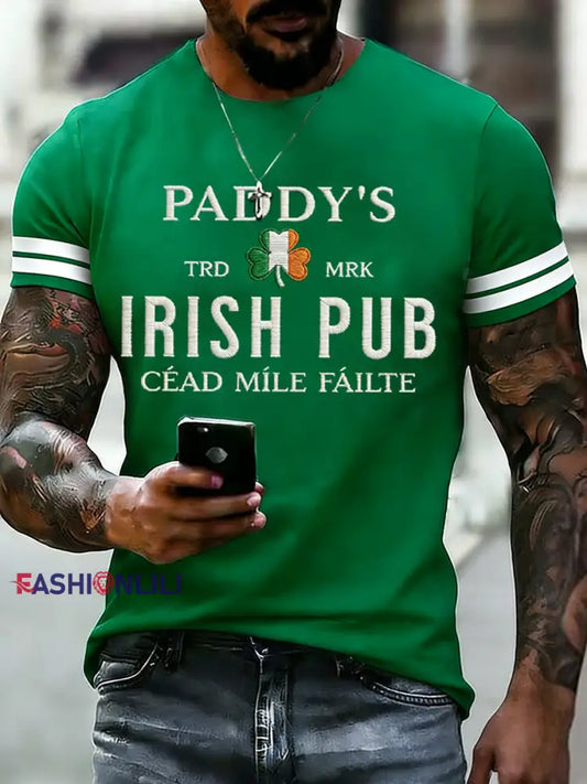 Men’s Funny St. Patrick’s Day Paddy’s IRISH Pub Shamrock Print Casual Tee Green / S