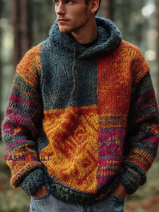 Men’s Geometric Art Knitted Hoodie As picture / S