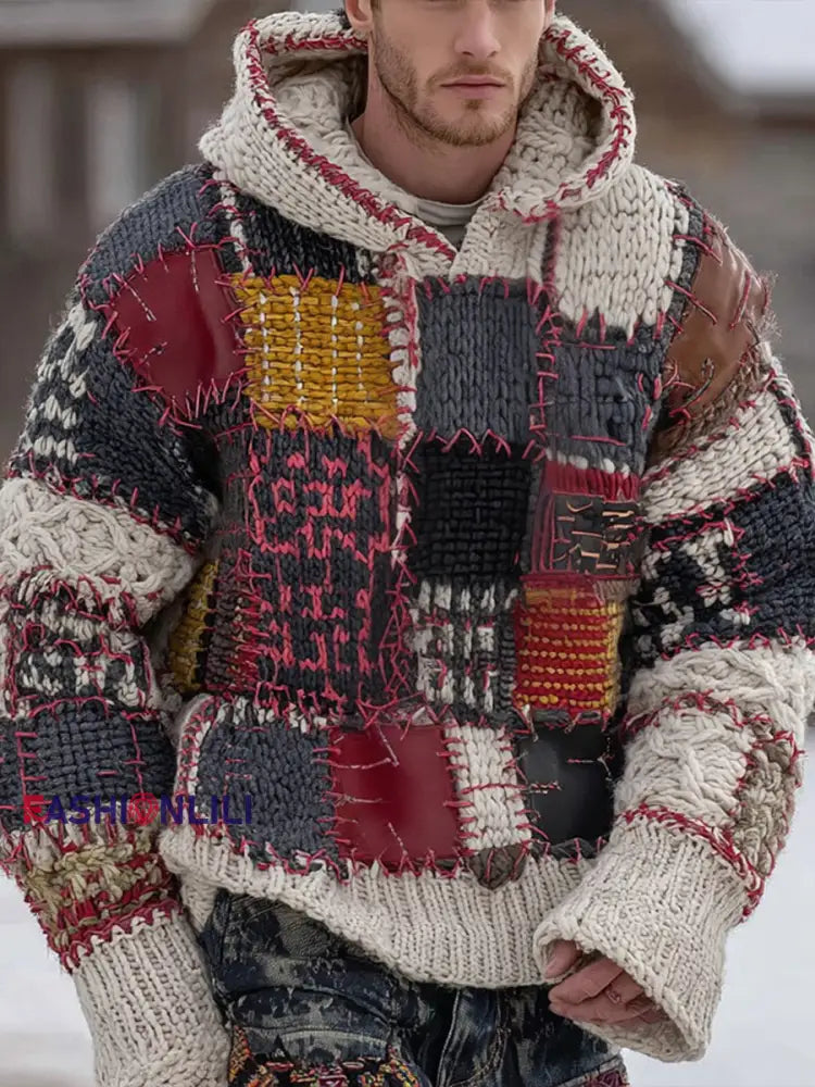 Men’s Geometric Art Knitted Hoodie As picture / S