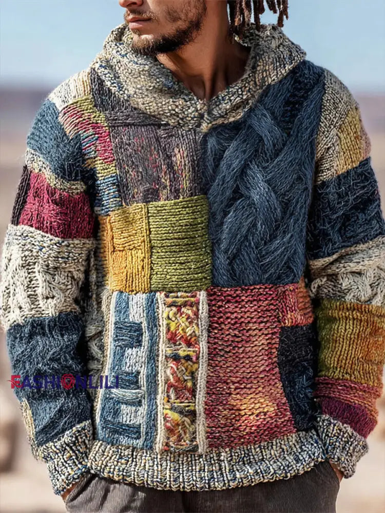 Men’s Geometric Art Knitted Hoodie As picture / S